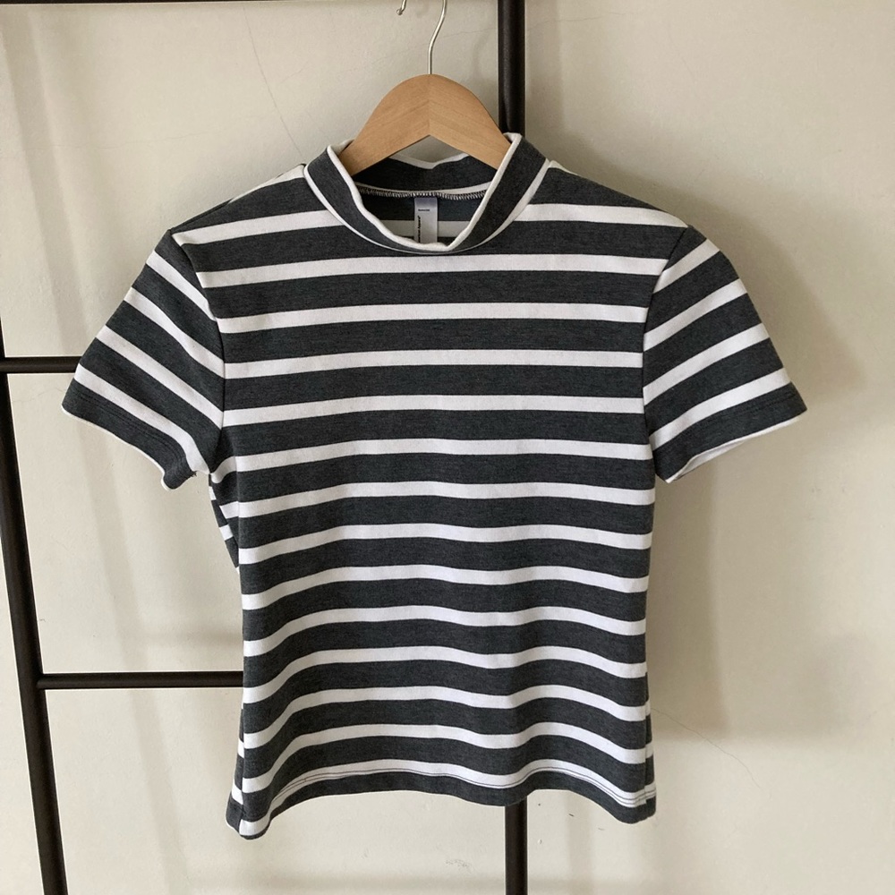 American Apparel Mock Turtleneck Crop Top Gray and White Stripes
